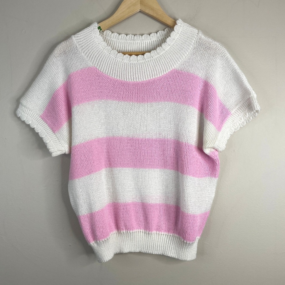 Vintage Jolie Soft Girl Sweater Womens Large Striped Pastel Dainty Scallop Twee